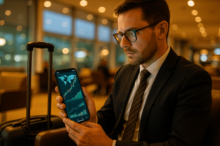 Business traveler reviewing global market charts on a smartphone