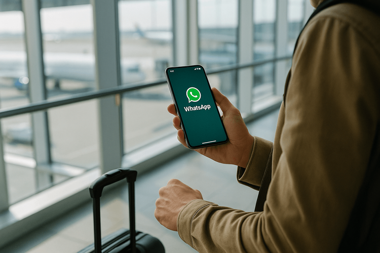 Traveler sitting in a hotel lobby scanning an eSIM QR code on a smartphone, calm warm lighting showing a simple and stress-free setup process for WhatsApp connectivity