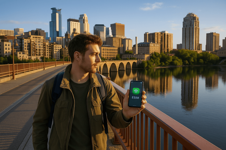 Traveler on Stone Arch Bridge