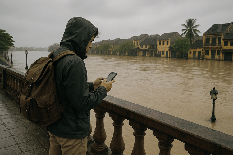 Traveler Overlooks Flooded Riverside