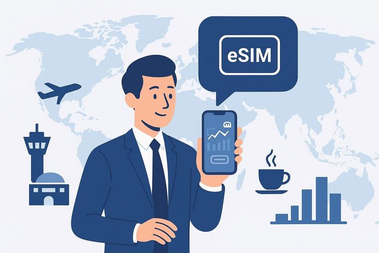Illustration showing a business traveler checking financial charts on a smartphone with eSIM enabled