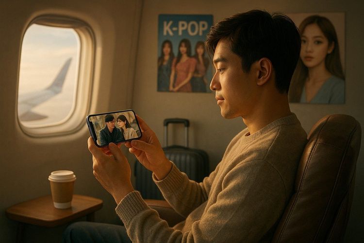 Illustration showing a traveler sitting in an airport lounge watching a K-Drama on a smartphone