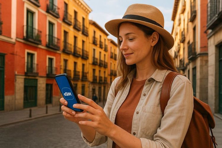 Hiperrealistic photo of a traveler using a smartphone with an active eSIM while exploring the streets of Madrid