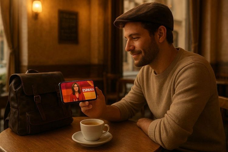 Hiperrealistic illustration of a traveler relaxing in a cozy European cafe, watching Spanish TV on a smartphone