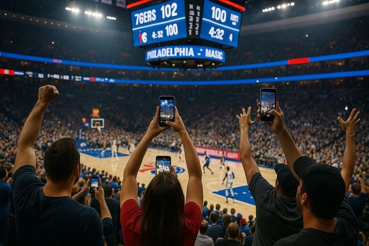 Basketball fans cheering in an NBA arena, holding smartphones to capture the 76ers vs Magic game