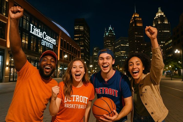 Excited basketball fans outside Detroit’s Little Caesars Arena at night