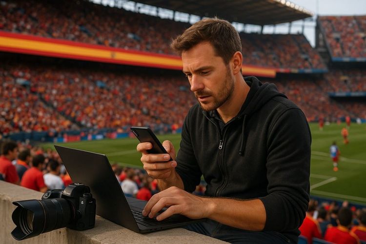 A sports journalist with camera and laptop in a bustling Spanish stadium