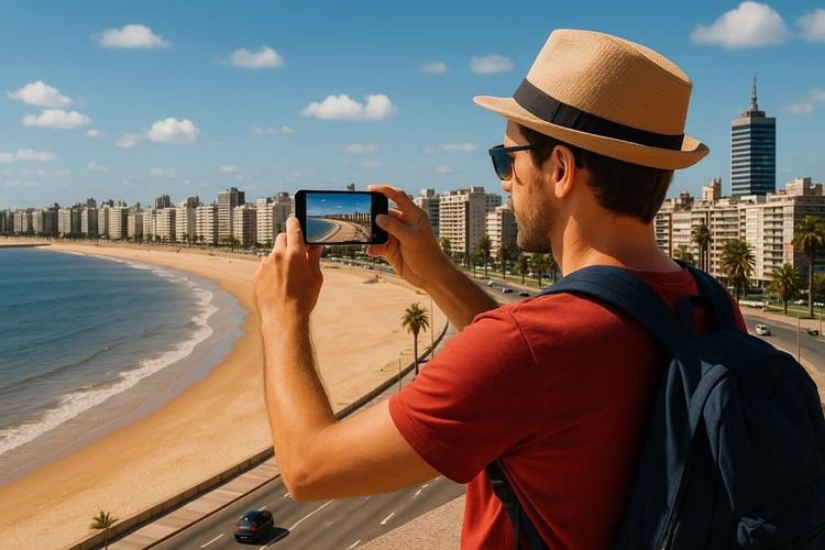 Traveler enjoying Montevideo cityscape with smartphone