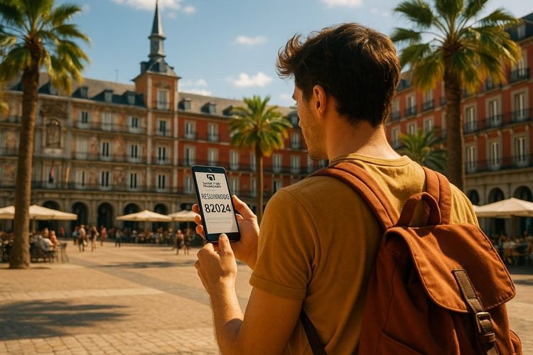 A traveler checking Spanish lottery results on a smartphone in a sunny plaza in Madrid