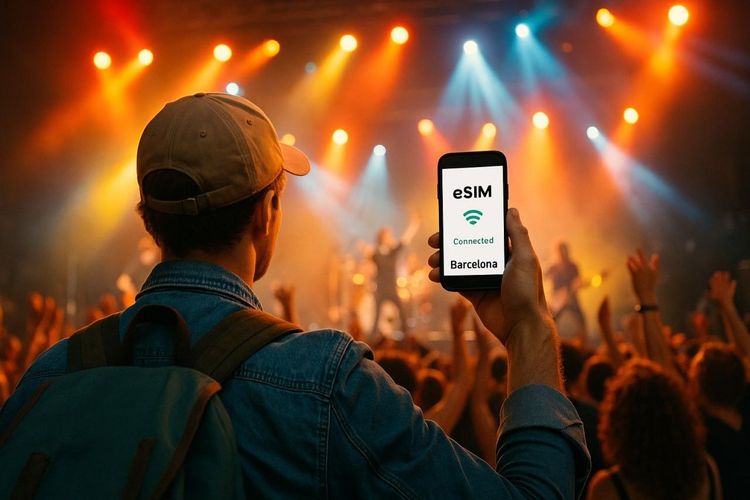 Traveler enjoying live concert in Barcelona, smartphone showing active eSIM connection