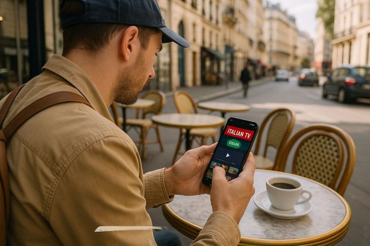 Traveler using smartphone with Italian TV app open at a café in Paris