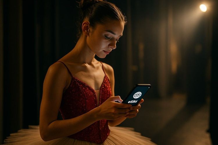 Dancer checking smartphone backstage, eSIM active on screen