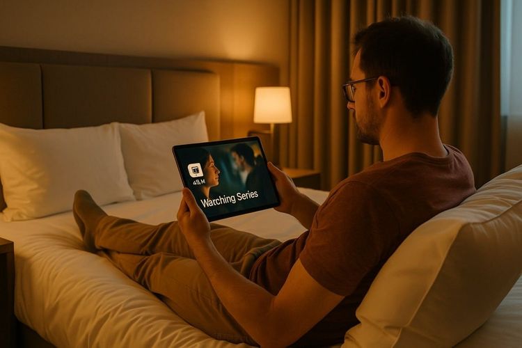Traveler relaxing in a modern hotel room