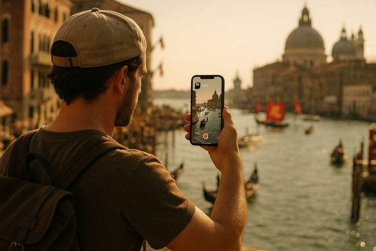 A traveler filming the Venice canals with a smartphone showing an active Italy eSIM profile