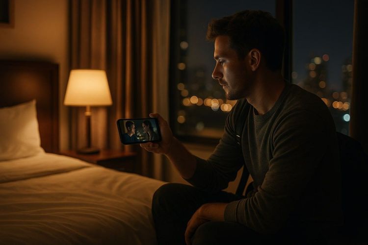 Traveler watching TV on smartphone in hotel room at night