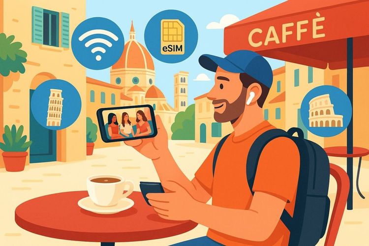 Illustration of a traveler relaxing in an Italian café watching reality TV on a smartphone