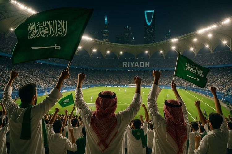 Football fans celebrating in a Riyadh stadium at night
