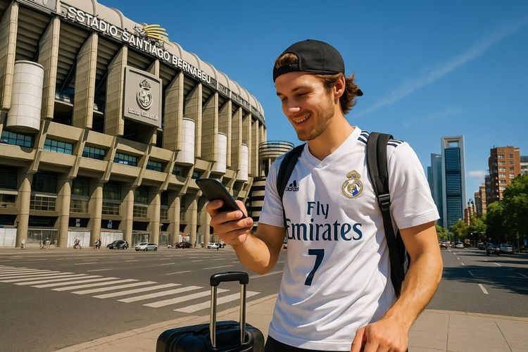 A traveler in a football jersey standing near Santiago Bernabéu Stadium