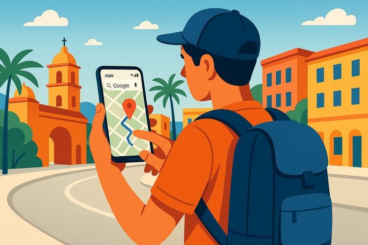 Digital illustration of a traveler navigating a foreign city using Google Maps on a smartphone with an eSIM
