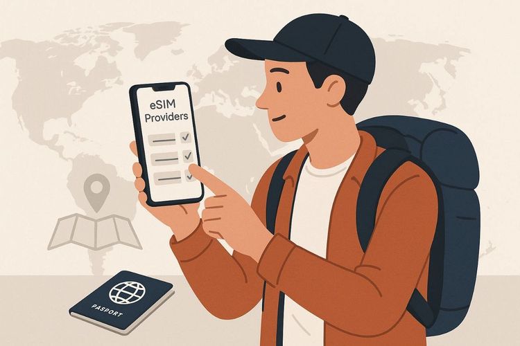 Digital illustration of a traveler comparing eSIM providers on a smartphone while planning a global trip
