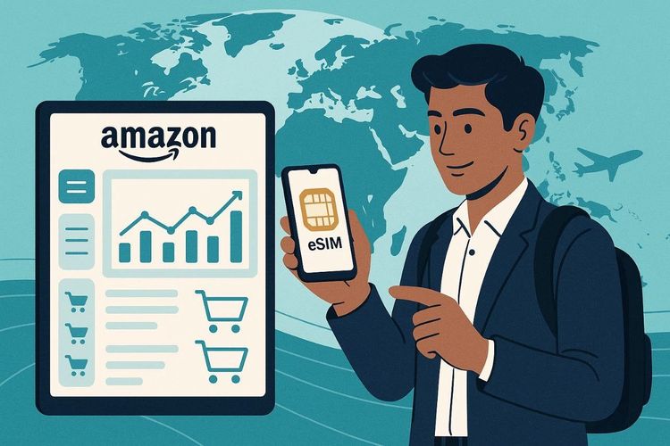 Digital illustration of an international Amazon seller using a smartphone with eSIM connectivity