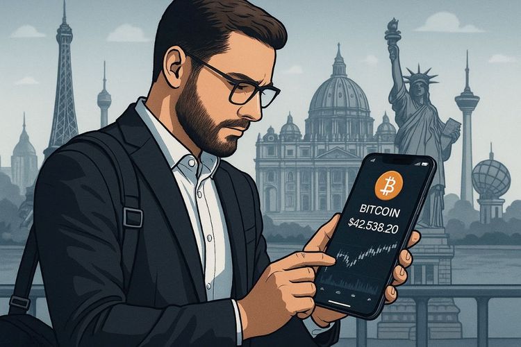 A crypto trader checking Bitcoin prices on a smartphone while traveling, surrounded by global landmarks