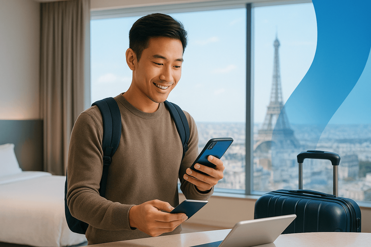 Young traveler using smartphone with an international data eSIM while checking into a hotel in Paris.