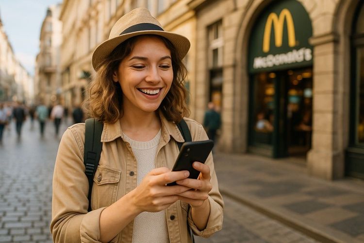 A cheerful traveler using a smartphone to locate a McDonald's restaurant in a busy European city