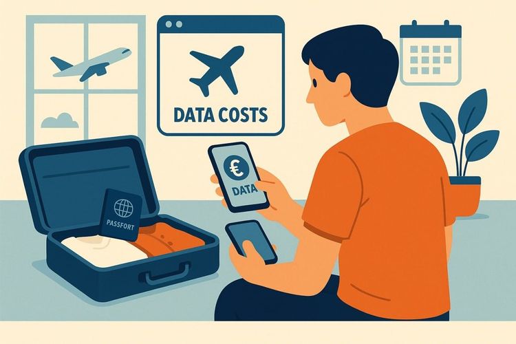 Illustration of a traveler checking flight and data usage apps while packing