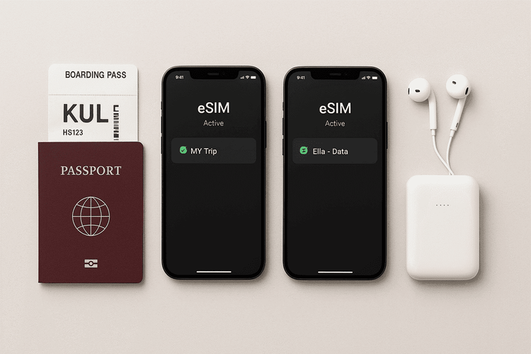 Travel essentials flat lay with eSIM phones