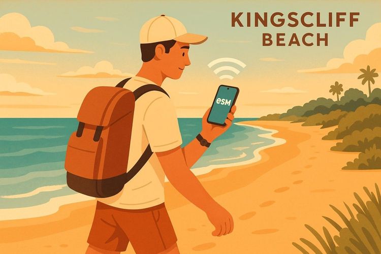 Digital illustration of a traveler walking along Kingscliff Beach holding a phone showing strong eSIM signal