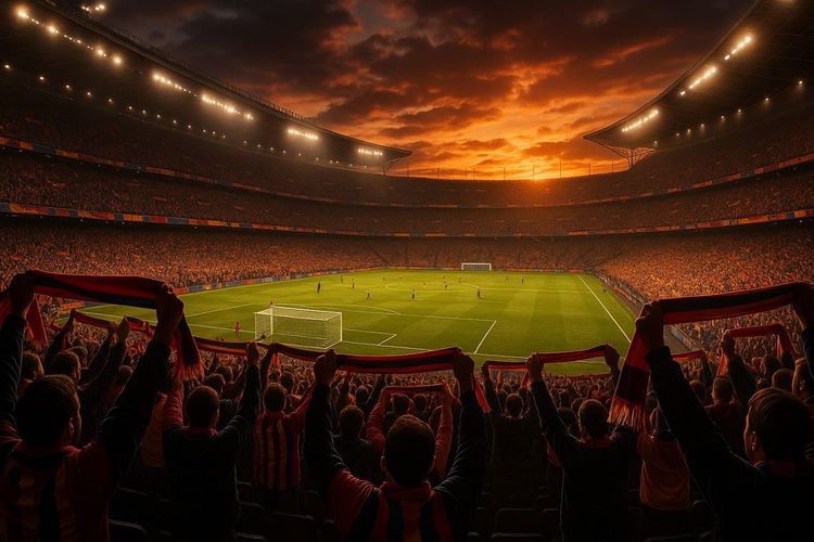 Stadium view during a major football match in Spain, dramatic evening lighting