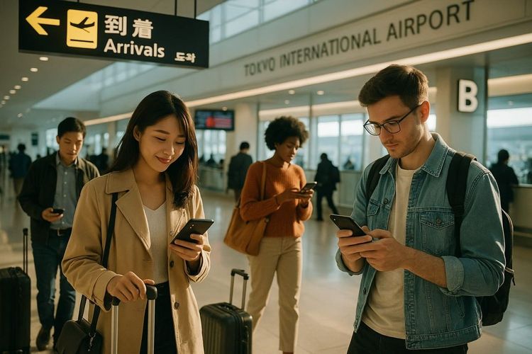 A bright, modern Tokyo airport arrival scene with travelers checking phones