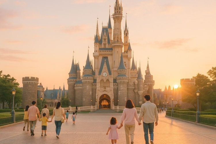 Sunrise over Tokyo Disneyland’s Cinderella Castle with families entering the park