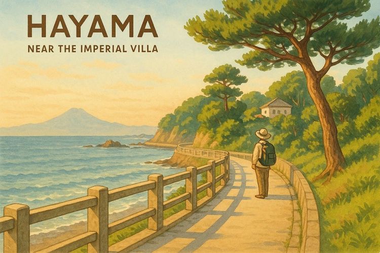 Image prompt: Scenic coastal walkway in Hayama near the Imperial Villa