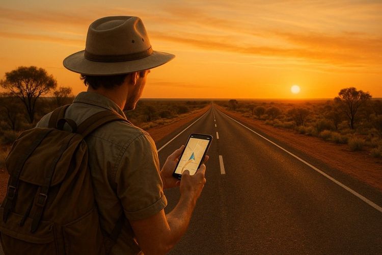 Wide Australian outback highway stretching toward the horizon, traveler with smartphone checking navigation