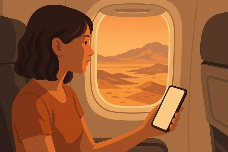 Air traveler looking out airplane window over desert landscape with phone in hand