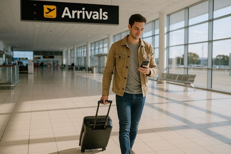 A traveller walking through Adelaide Airport arrival hall with luggage, scanning their phone to activate an eSIM