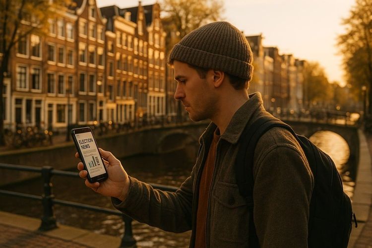 A traveler walking through Amsterdam’s canal district, checking election news on a phone
