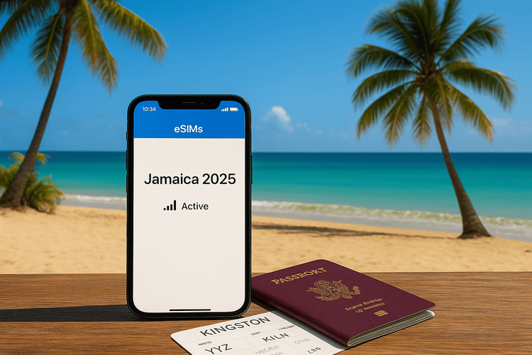 Smartphone showing active eSIM profile in Jamaica beach scene