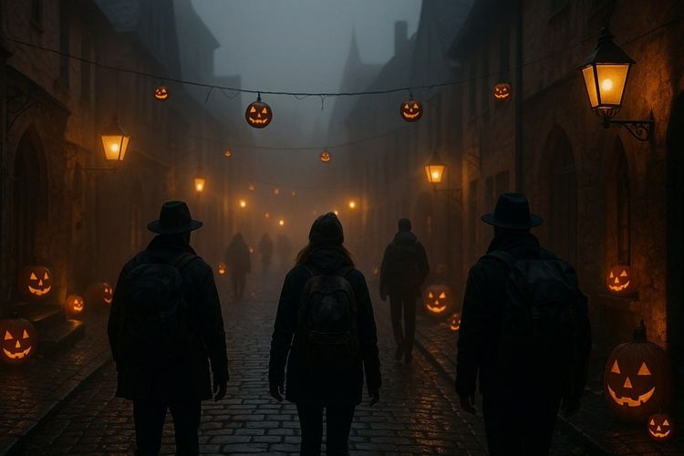 A moody, cinematic night scene of travelers walking through a foggy European old town decorated for Halloween