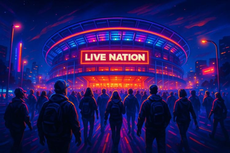 A dynamic night-time scene of fans walking toward a massive stadium lit up for a LiveNation concert