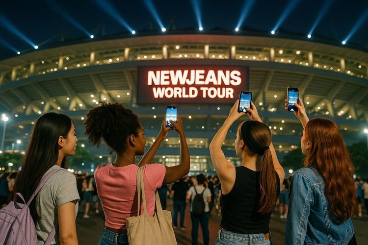 A group of international K-pop fans photographing a stadium during a NewJeans world tour stop