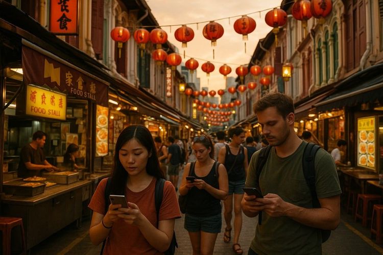 A vibrant street scene in Singapore’s Chinatown at golden hour, featuring food stalls