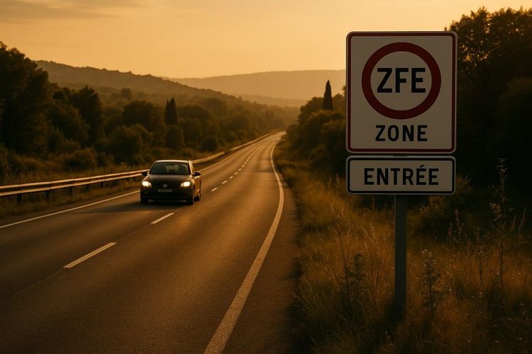 A calm highway in southern France with a car approaching a ZFE boundary sign under warm sunset lighting
