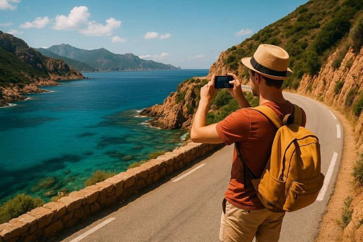 A scenic coastal road in Corsica with turquoise Mediterranean waters, rugged cliffs