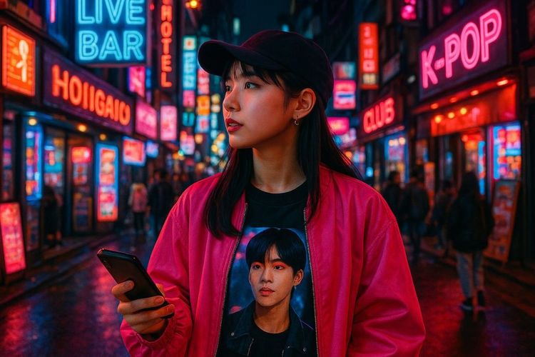 A K-pop fan walking through Seoul’s Hongdae at night with bright neon signs