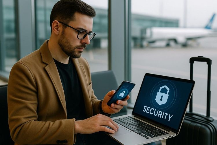 A traveler working on a laptop at an airport lounge while using a smartphone for secure data access