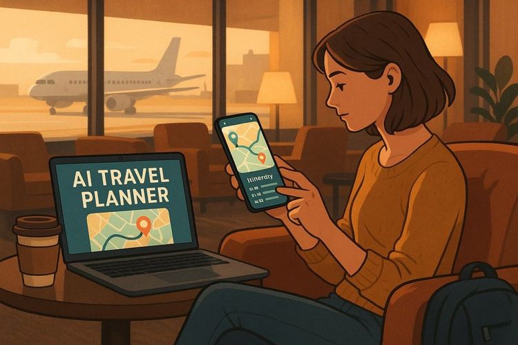ai-powered travel planner scene in a cozy airport lounge, soft lighting, traveler using phone apps with maps and itineraries