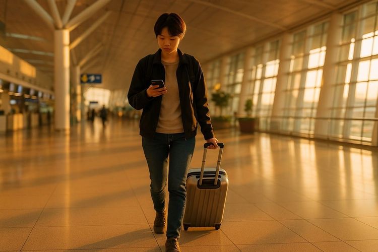 A traveler walking through Incheon Airport terminal with warm lighting